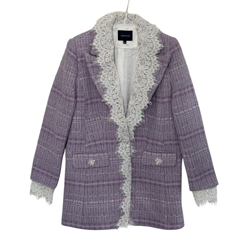 MARIE ELIE Lavender Tweed Wool Lace Trim Designer Blazer Metallic Jacket Sz L - Picture 2 of 12